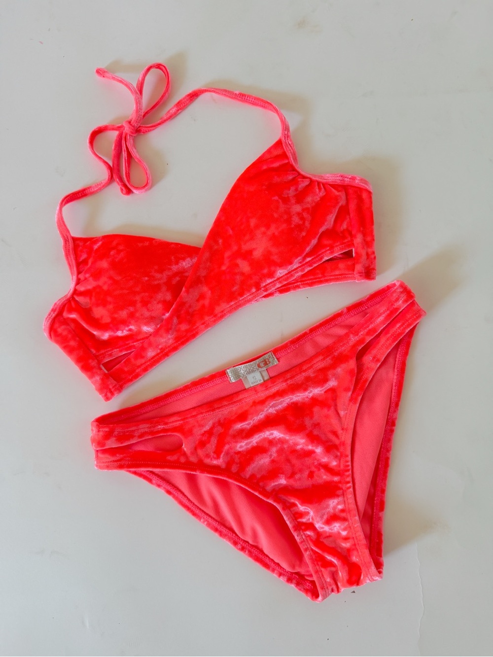 Gianni Bini Neon Coral Velvet Bikini Set